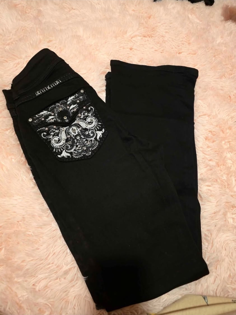 Black Flared Jeans with Embellished Back Pocket Size 9
